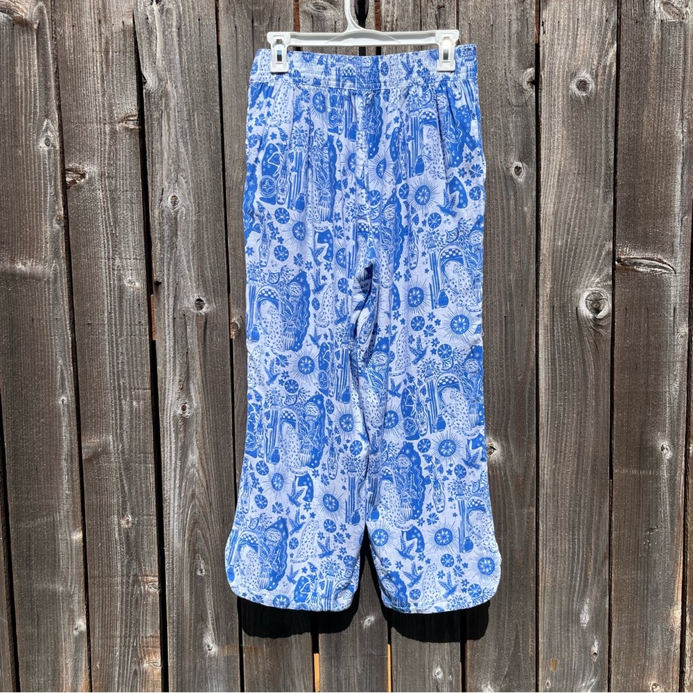 Cynthia Rowley blue patterned linen blend wide leg cropped pant size small